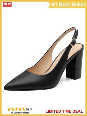 Slingback Heels Chunky Block Heel Pumps Pointed Toe Faux Leather